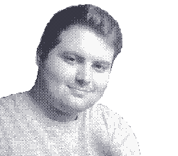Dithered, grayscale photo of Colby Heaton.