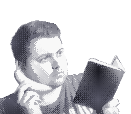 Dithered, grayscale Colby Heaton holding a banana to his ear, like a telephone.